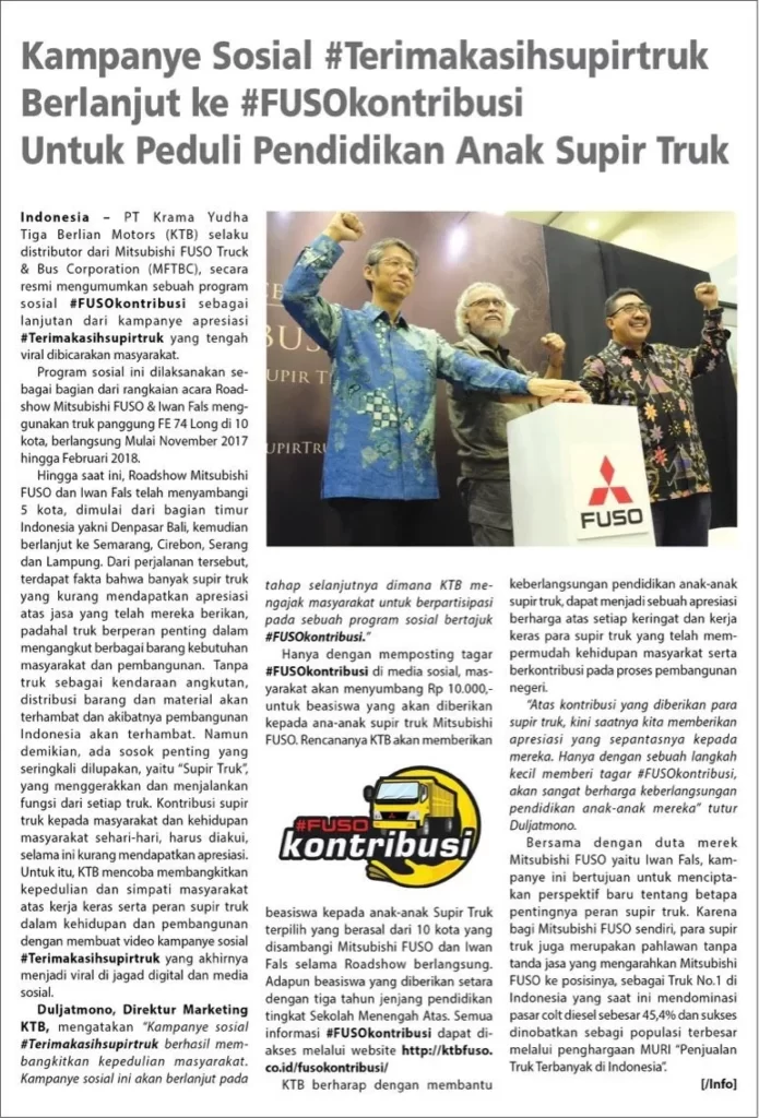 Kampanye Sosial #Terimakasihsupirtruk Berlanjut ke #FUSOkontribusi Untuk Peduli Pendidikan Anak Supi